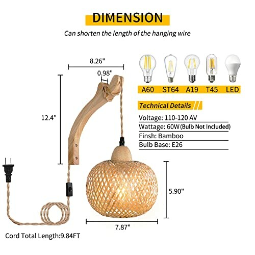 Hanging pendant light with dimensions and technical details.