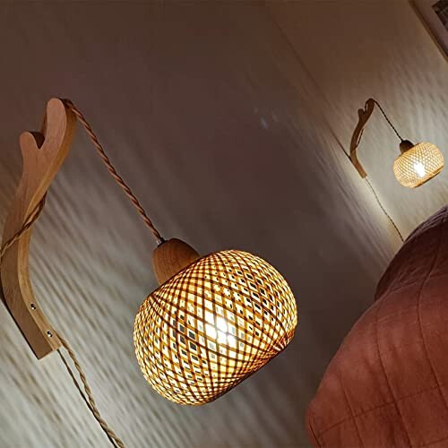 Woven wall lamp with warm light in a bedroom setting