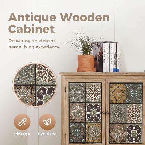 Decorative antique wooden cabinet with ornate designs and books on top.