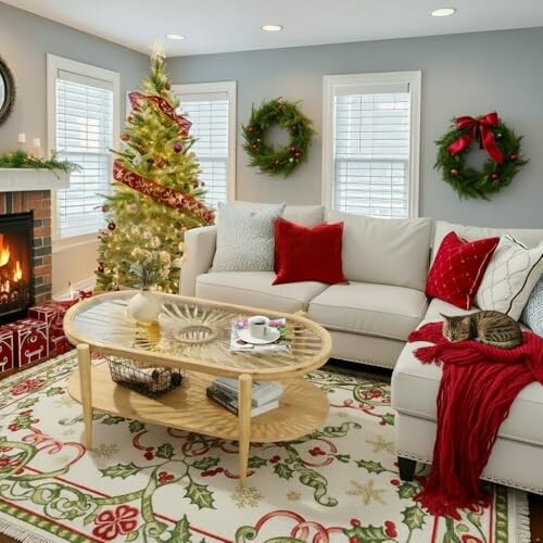Cozy living room with Christmas tree, wreaths, and fireplace.