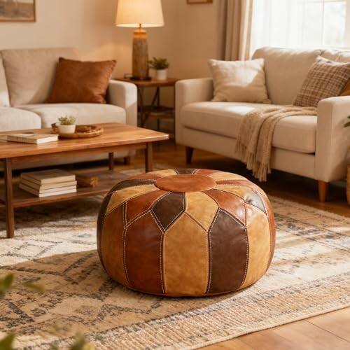 Cozy living room with a leather pouf and sofas