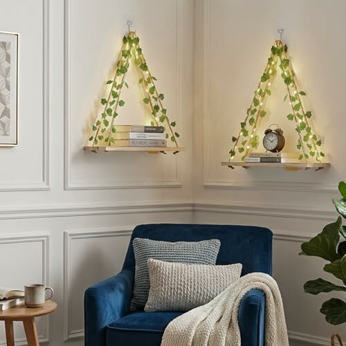 Living room with blue chair, decorative shelves, and plants.