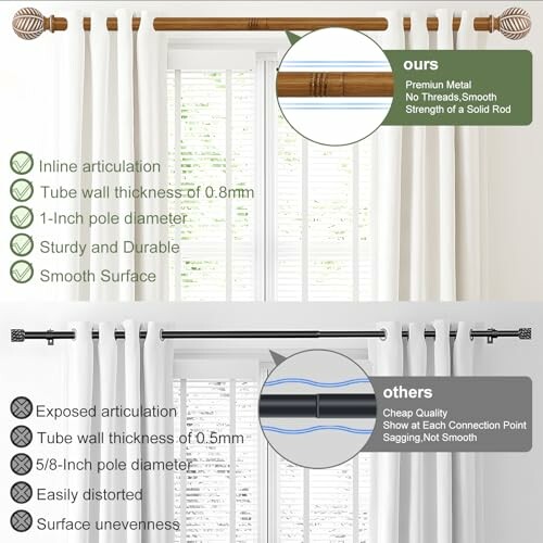 A comparison of the curtain rod's dimensions, highlighting its sturdy construction and adjustable length.