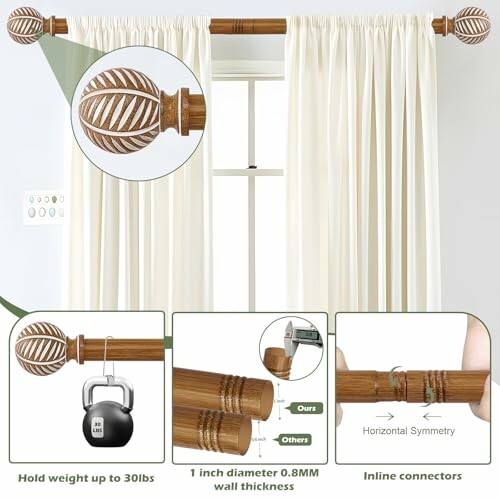 A close-up of the curtain rod's iron construction and light wood grain design.