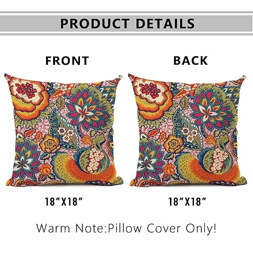 Colorful floral pillow cover, front and back view, size 18x18 inches.