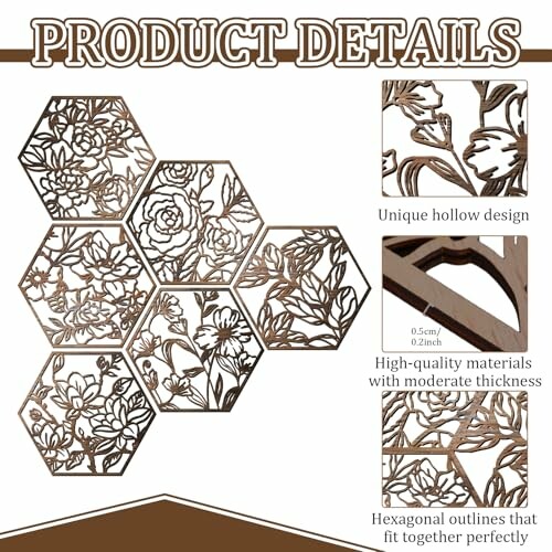 Decorative hexagonal wall panels with floral designs and unique hollow structure.