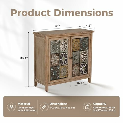 Decorative storage cabinet with product dimensions and details.