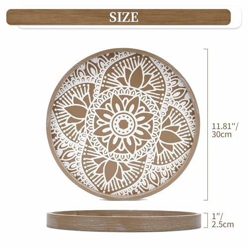 Round decorative wooden tray with floral cutout design and size dimensions.