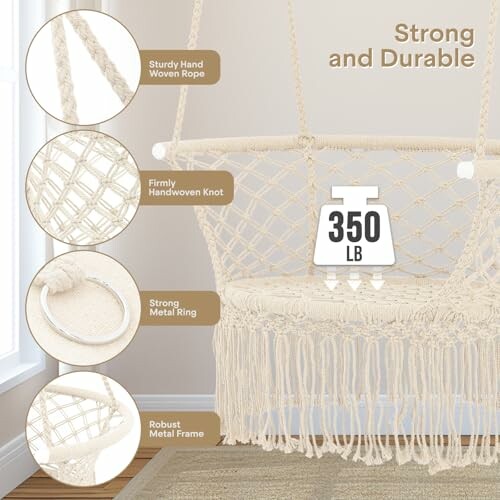 Hammock chair with 350 lb capacity, showing sturdy handwoven rope and metal frame.