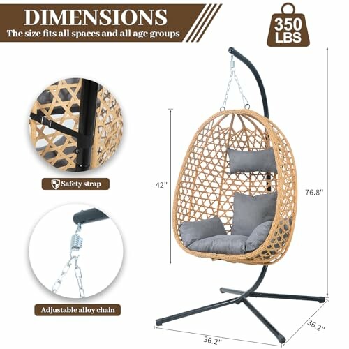 Hanging egg chair with dimensions and safety features, showcasing its sturdy construction and comfortable cushions.