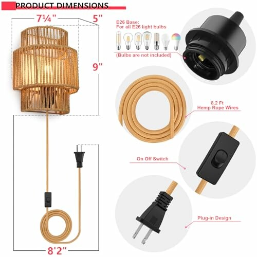 Hanging lamp with dimensions, E26 base, 8.2 ft rope wire, on/off switch, plug-in design.