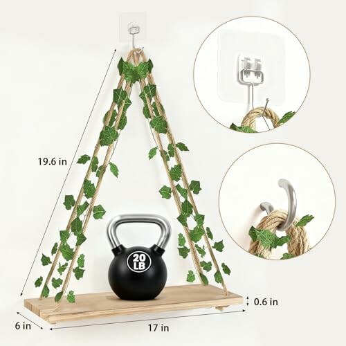 Hanging shelf with vines and kettlebell.