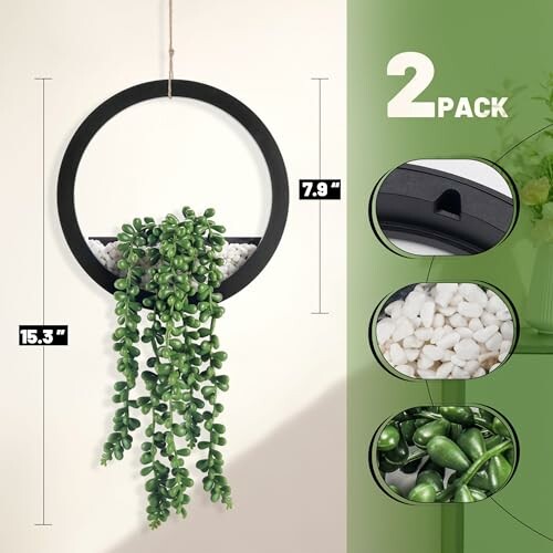 Hanging wall planter with cascading greenery and white pebbles, 2-pack.