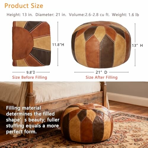Comparison of a leather pouf before and after filling, highlighting size and shape differences