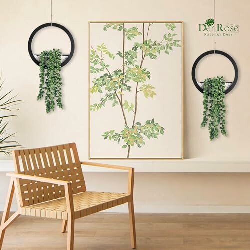 Minimalist room with wall art and hanging plants.