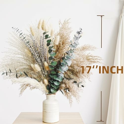 Neutral pampas grass arrangement in a vase with height measurement.