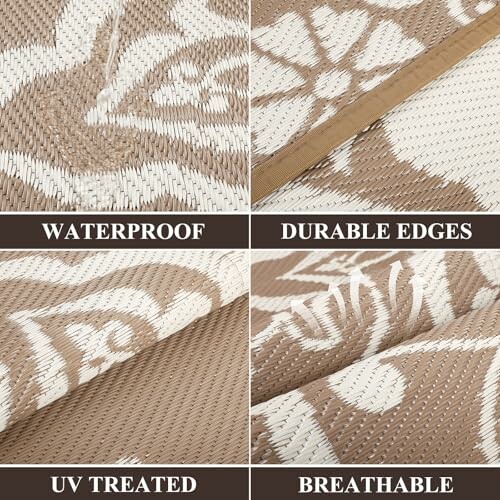 Close-up of outdoor rug showing waterproof, durable edges, UV treated, and breathable features.