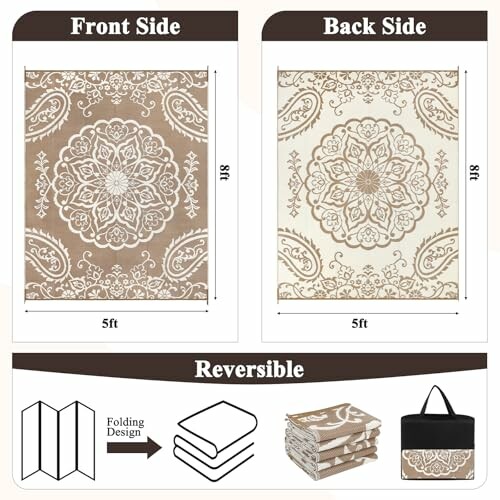Reversible rug with intricate brown and white paisley patterns, showcasing front and back designs.
