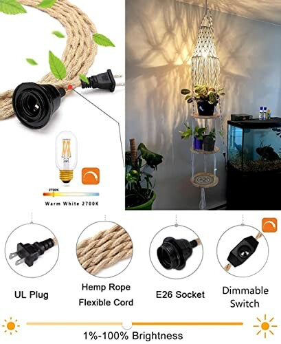 Rope lamp kit with dimmable switch and socket, shown in home setting.