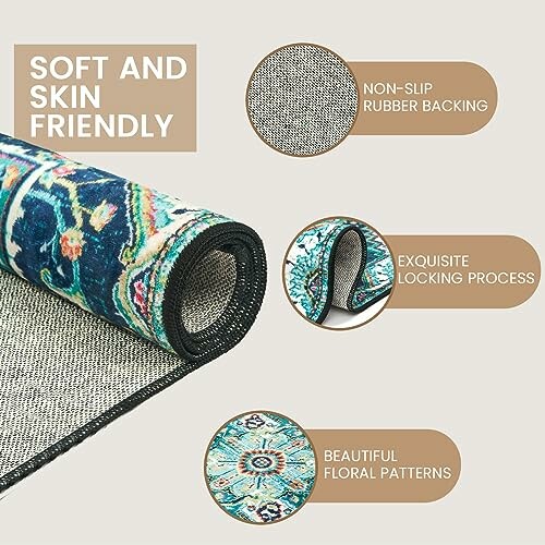 Soft and skin-friendly rug with non-slip rubber backing, exquisite locking process, and beautiful floral patterns.