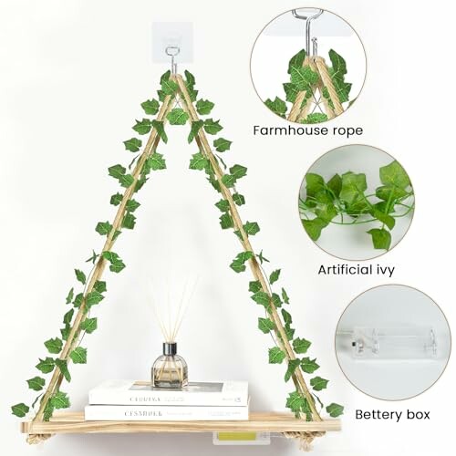 Triangular hanging shelf with farmhouse rope, artificial ivy, and battery box.