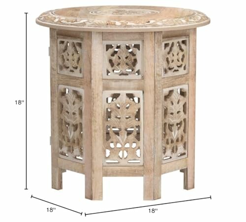 Ornately carved wooden side table with dimensions.