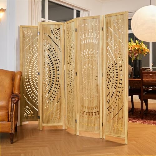 Intricately carved wooden room divider in a living space.