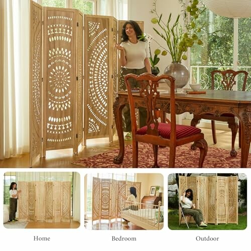 Woman using decorative wooden room divider in various settings.