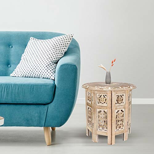 The Wooden Town Carved Wood Round End Table