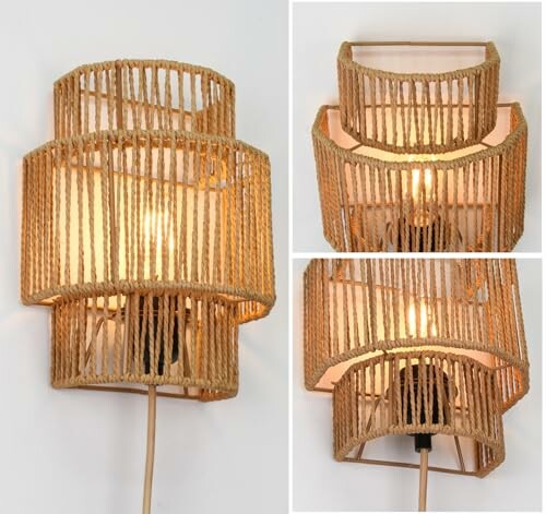 Woven rope wall sconce with light bulb.